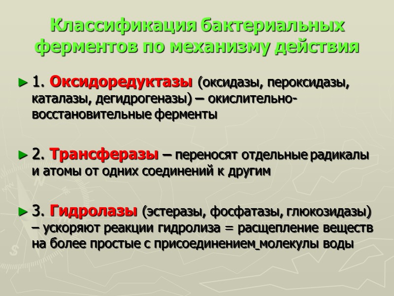 Классификация бактериальных ферментов по механизму действия 1. Оксидоредуктазы (оксидазы, пероксидазы, каталазы, дегидрогеназы) – окислительно-восстановительные